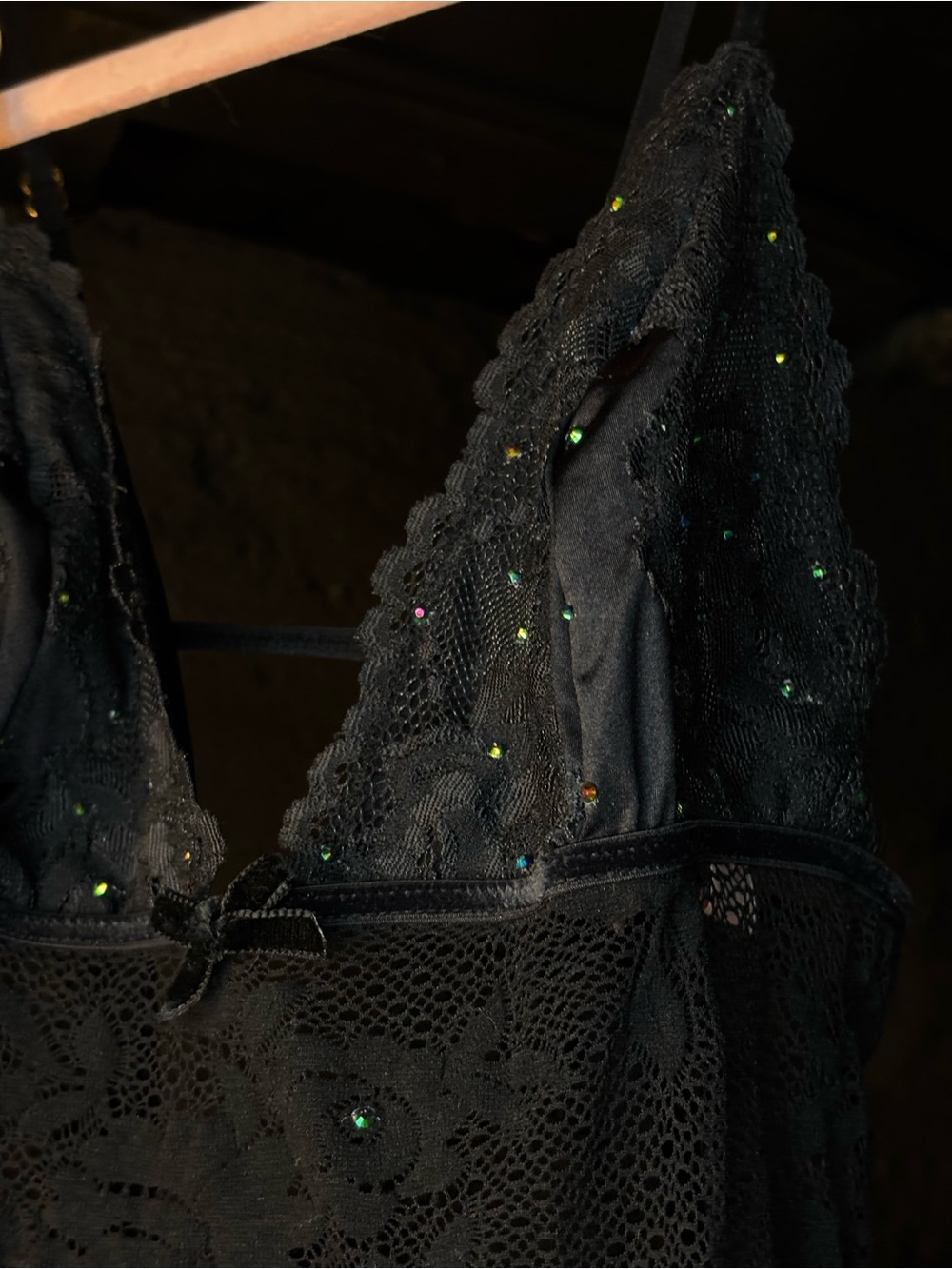 Victoria's Secret Black Lace Chemise with Custom Rhinestone Accents